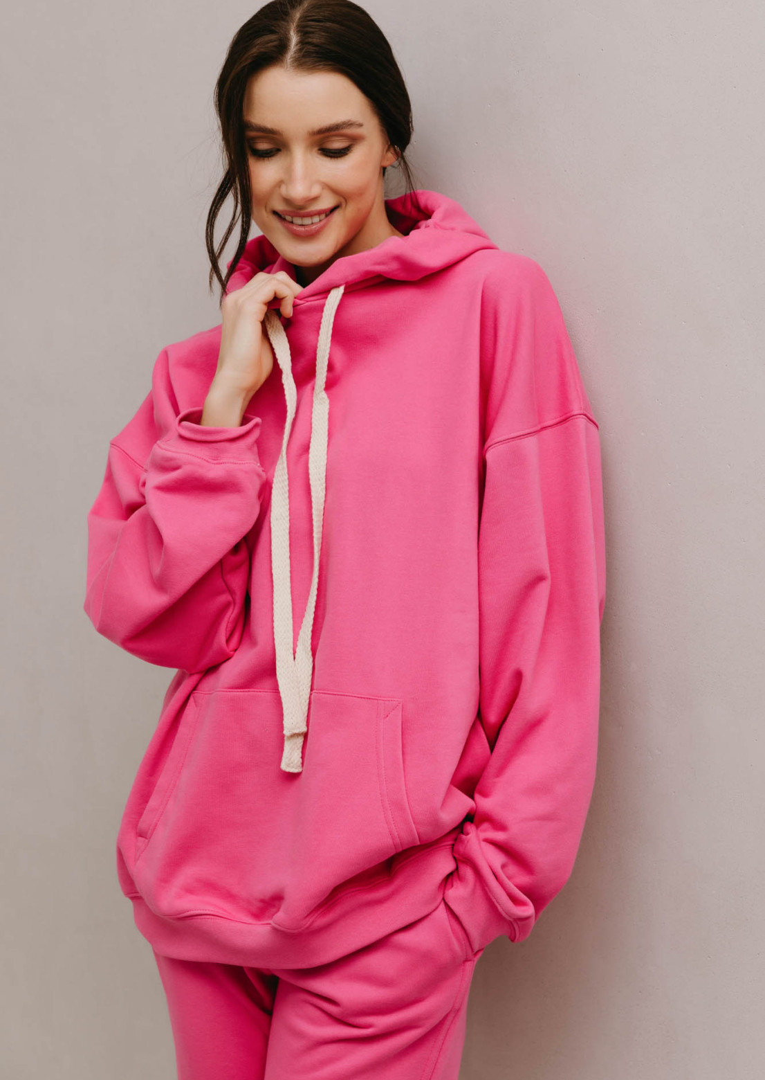 Pink barbie color three-thread hoodie